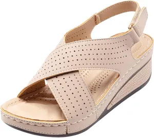 Women's Wedge Sandals with Perforated Cross Strap Summer Open Toe Comfortable Sandal Stylish Flat Shoes Non-Slip