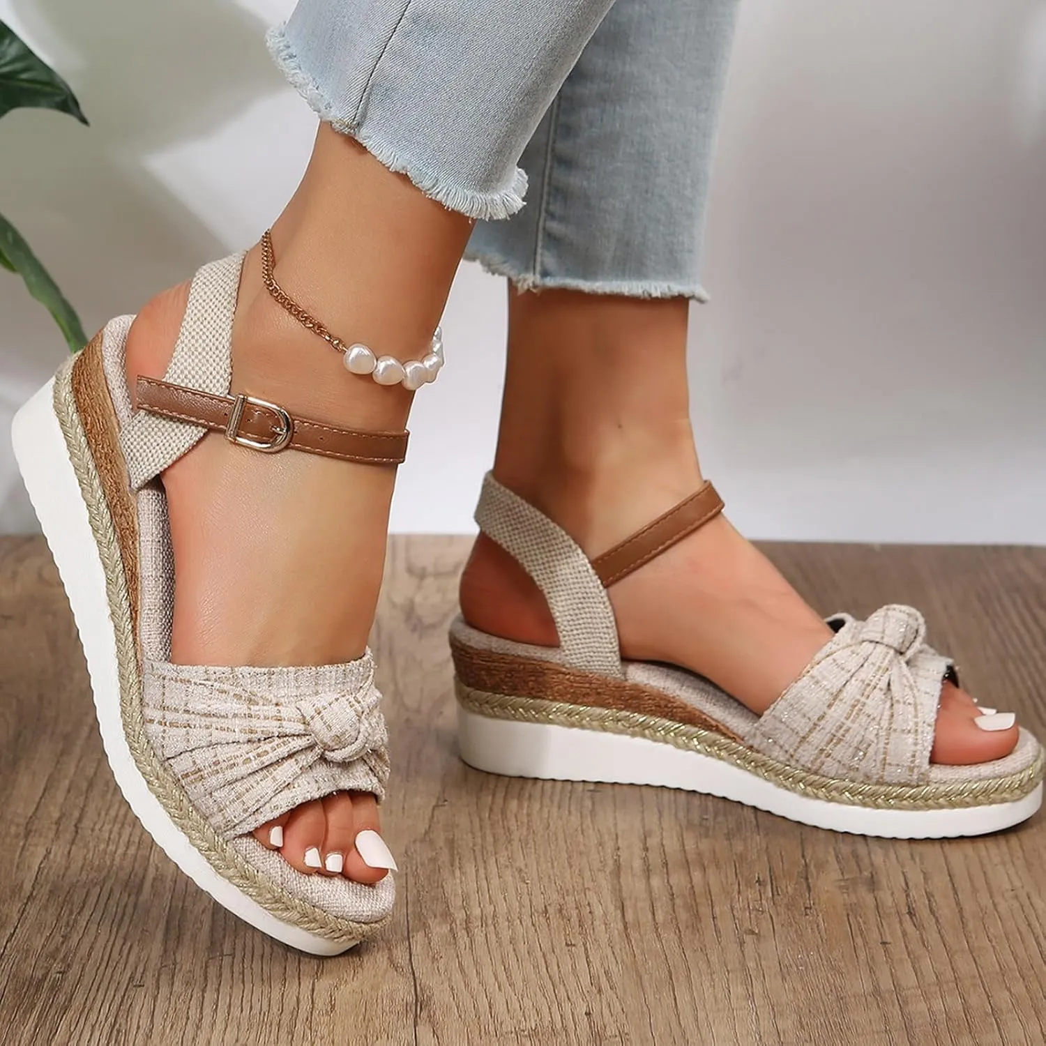 Women's Wedge Sandals,Low Wedge Heels Summer Dressy Ankle Strap Open Toe Flower Shoes Comfortable Sandals