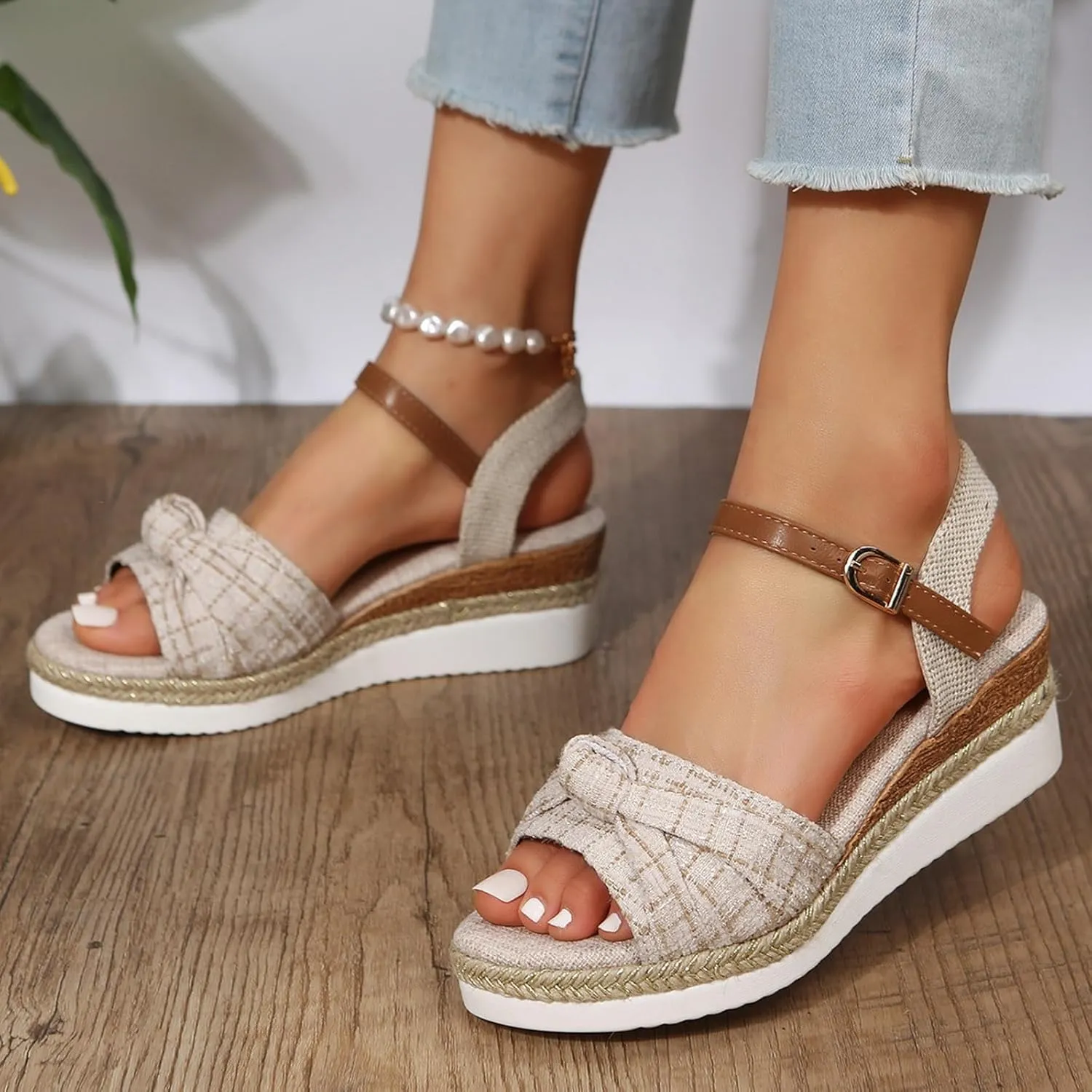 Women's Wedge Sandals,Low Wedge Heels Summer Dressy Ankle Strap Open Toe Flower Shoes Comfortable Sandals