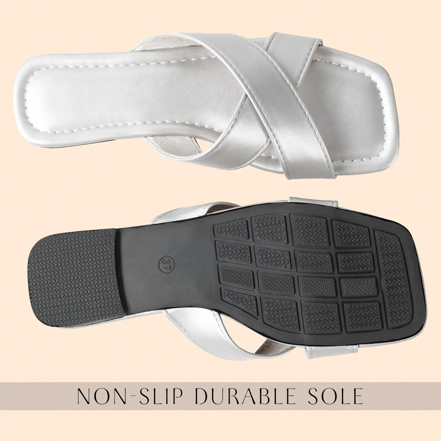 WONDERWAY Womens Sandals Comfortable Wide Leather Crisscross Summer Square Toe Flat Slide Sandals