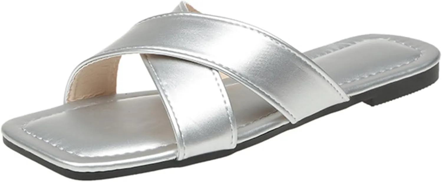 WONDERWAY Womens Sandals Comfortable Wide Leather Crisscross Summer Square Toe Flat Slide Sandals