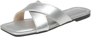 WONDERWAY Womens Sandals Comfortable Wide Leather Crisscross Summer Square Toe Flat Slide Sandals