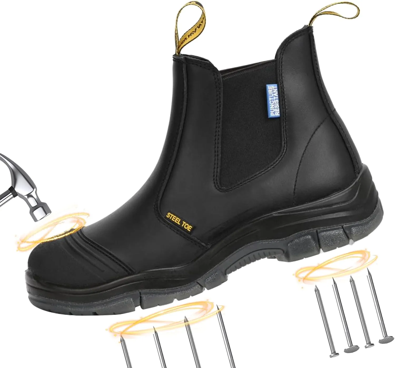 Work Boots for Men, Steel Toe, Puncture-Resistant, Pull on Chelsea Leather Safety Boots, US Size 7-15