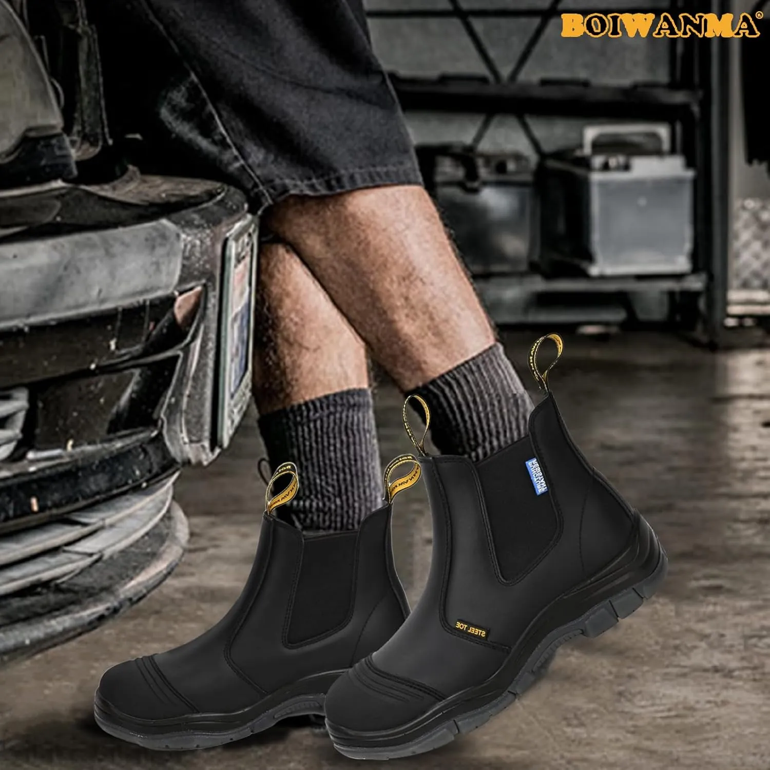 Work Boots for Men, Steel Toe, Puncture-Resistant, Pull on Chelsea Leather Safety Boots, US Size 7-15