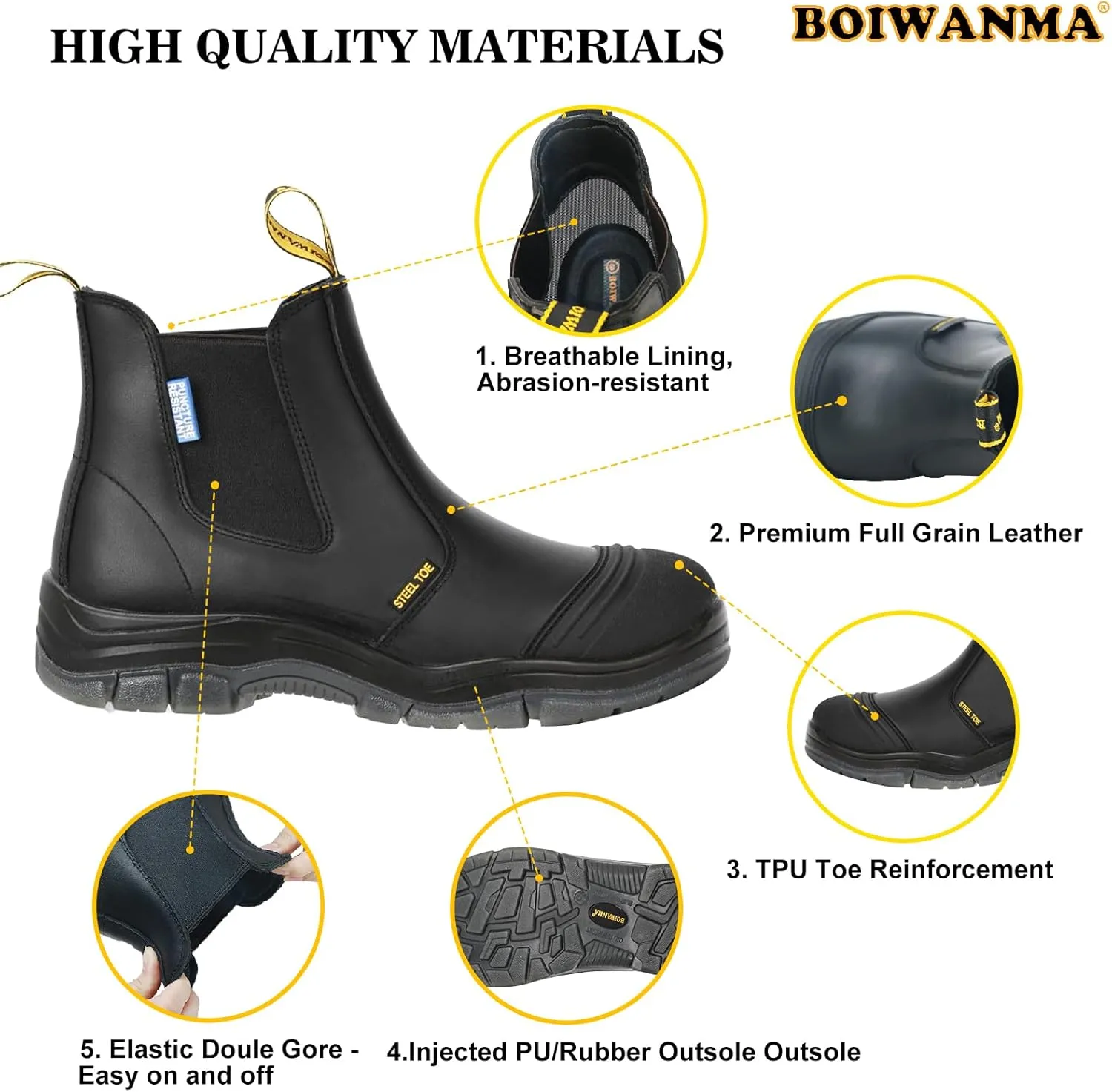 Work Boots for Men, Steel Toe, Puncture-Resistant, Pull on Chelsea Leather Safety Boots, US Size 7-15
