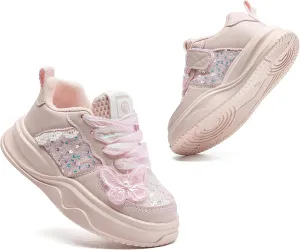 WUIWUIYU Toddler Little Girls Runnings Shoes Kids Cute Glitter Butterfly Beads Sneakers Lightweight Tennis Athletic Sports Walking Shoe