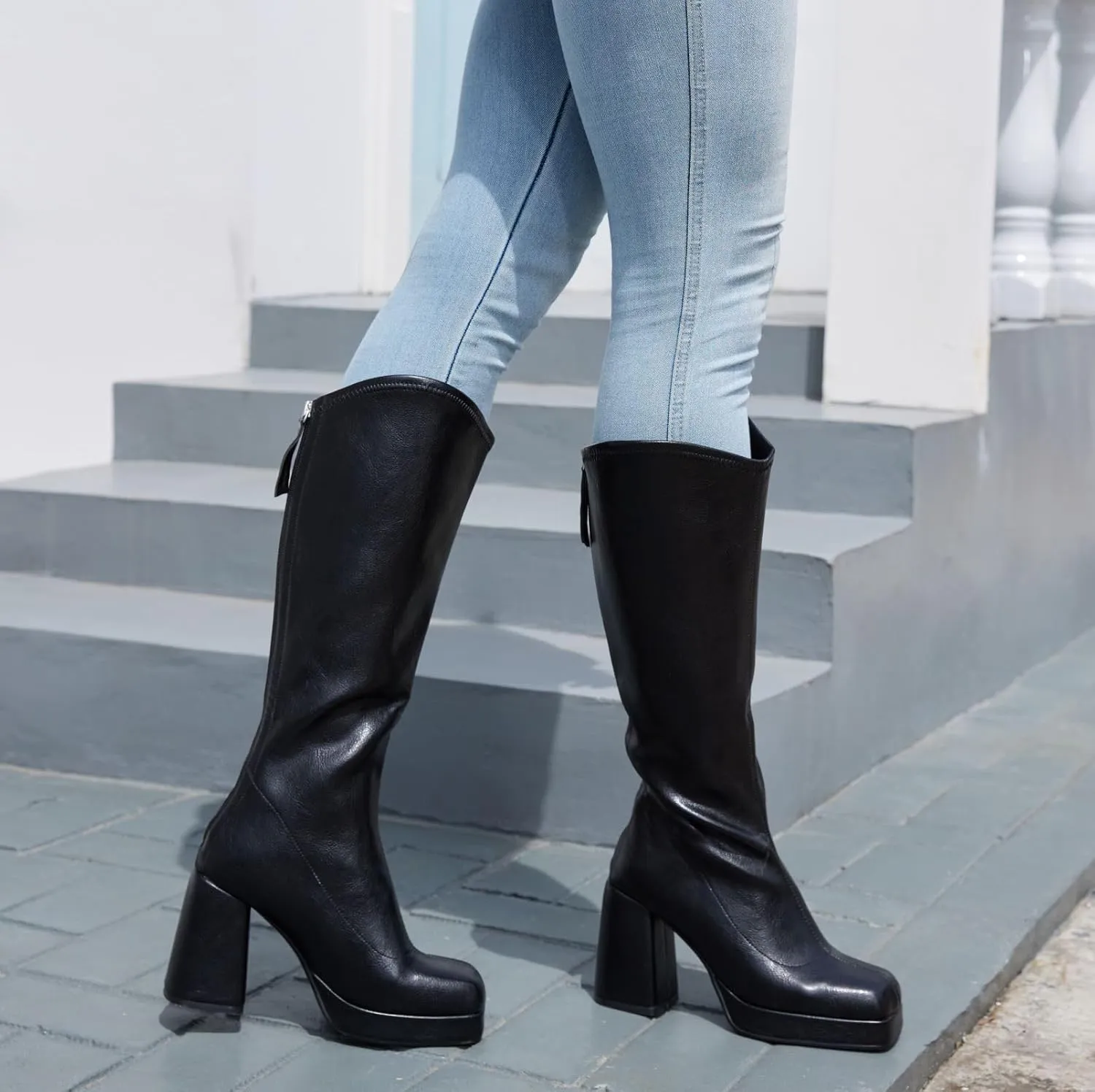 XIEDA Knee High Boots Women Platform Chunky High Heel Gogo Boots Sqaure Toe Tall Boots