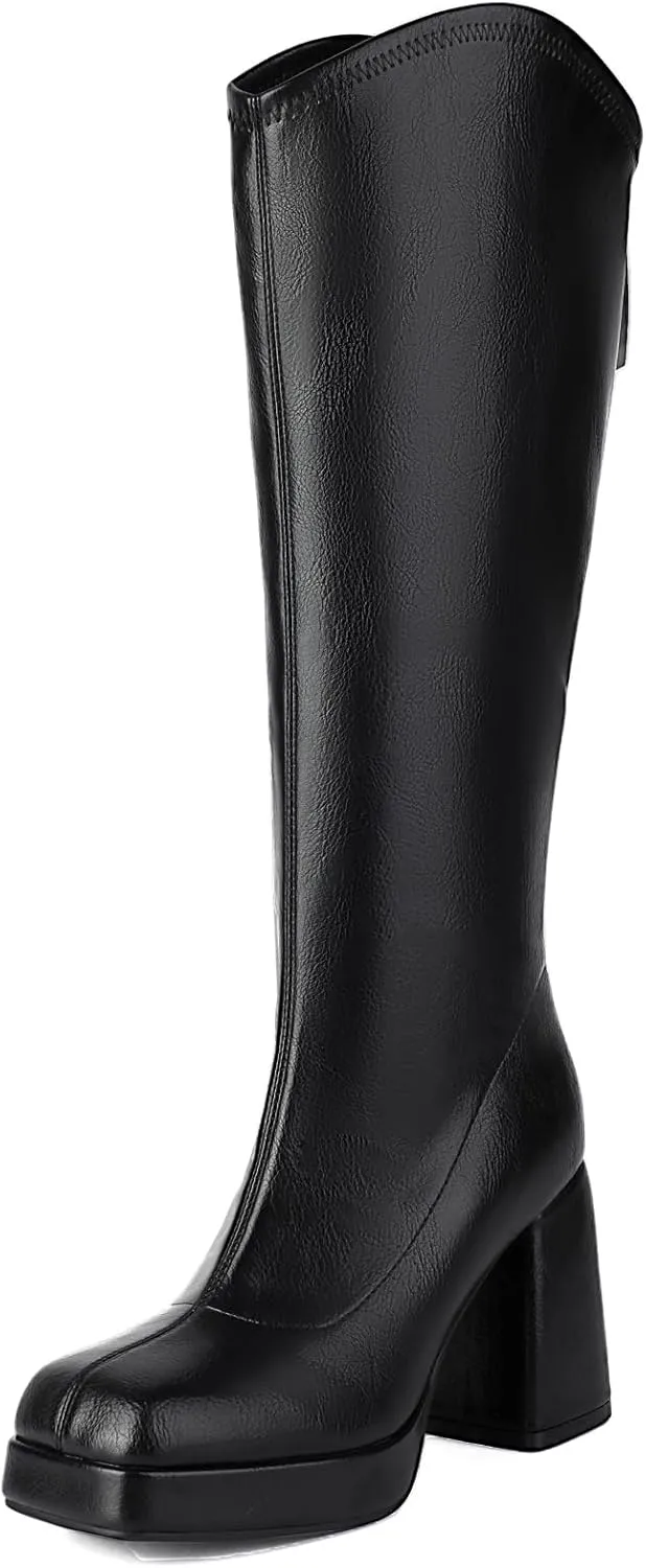 XIEDA Knee High Boots Women Platform Chunky High Heel Gogo Boots Sqaure Toe Tall Boots