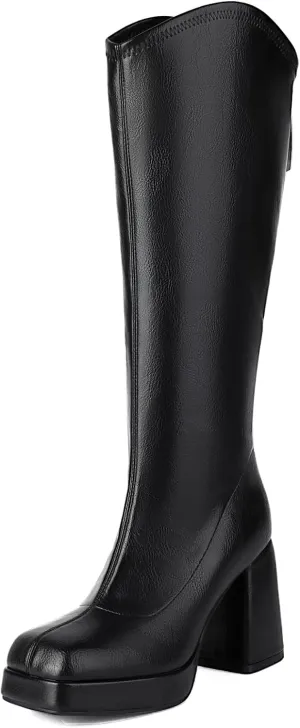 XIEDA Knee High Boots Women Platform Chunky High Heel Gogo Boots Sqaure Toe Tall Boots