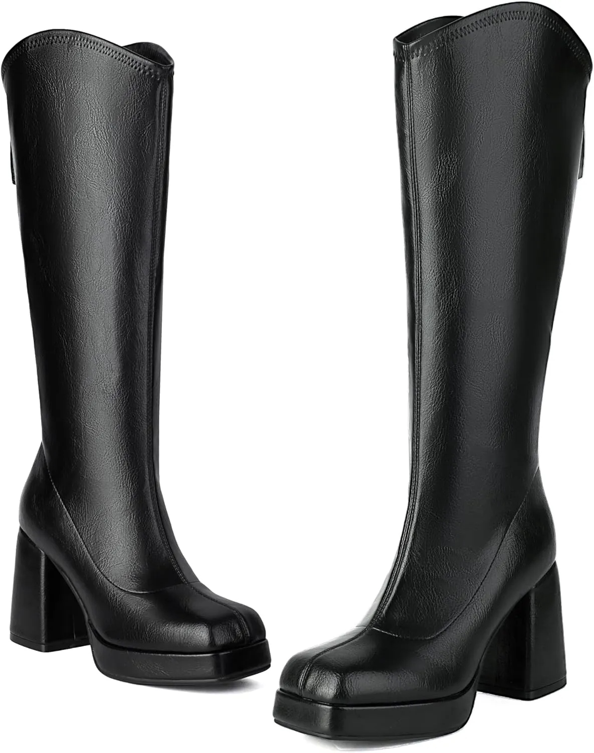 XIEDA Knee High Boots Women Platform Chunky High Heel Gogo Boots Sqaure Toe Tall Boots