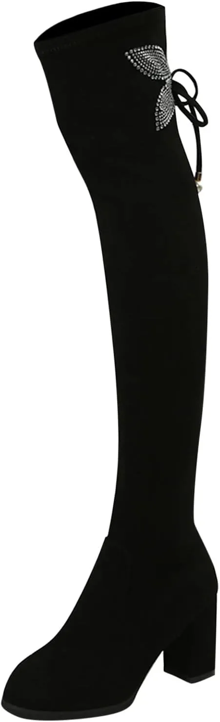 Yanzhenglip Over The Knee Boots for Women Wide Calf Plus Size, Long Boots Knee-High Heel Boots Women's Black Sexy High Boots Chunky Heel Flock Winter Summer Fashion Thigh boots