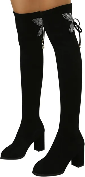 Yanzhenglip Over The Knee Boots for Women Wide Calf Plus Size, Long Boots Knee-High Heel Boots Women's Black Sexy High Boots Chunky Heel Flock Winter Summer Fashion Thigh boots