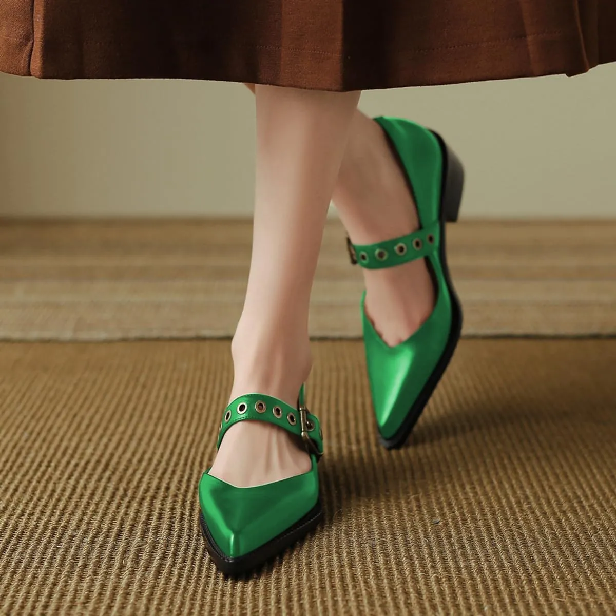 YDN Women Fashion Ankle Strap Pumps Pointed Closed Toe Mary Jane Chunky Mid Heels Loafers Hollow Buckle Shoes Party Shopping Evening Size 4-16 US