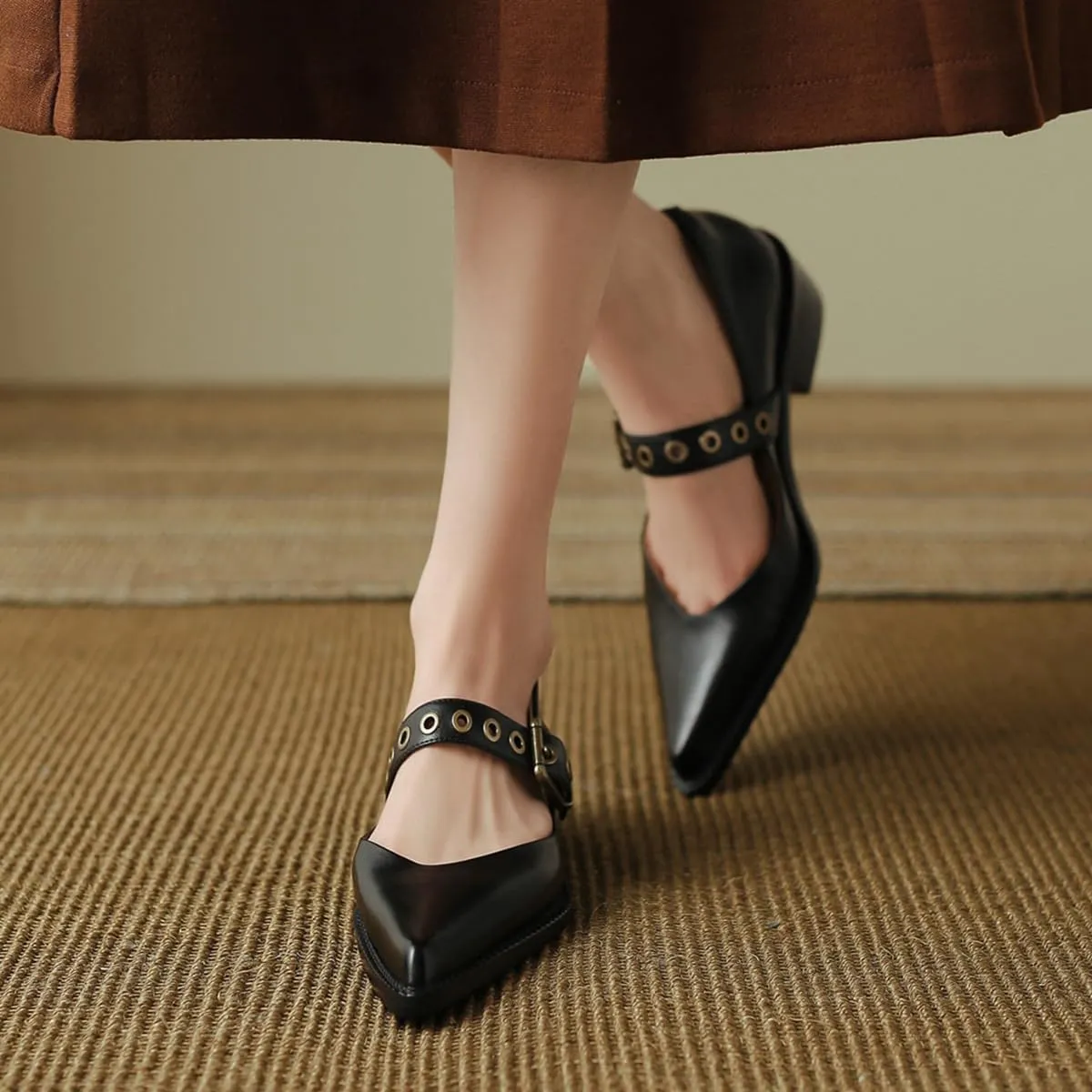 YDN Women Fashion Ankle Strap Pumps Pointed Closed Toe Mary Jane Chunky Mid Heels Loafers Hollow Buckle Shoes Party Shopping Evening Size 4-16 US