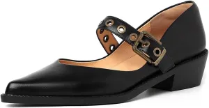 YDN Women Fashion Ankle Strap Pumps Pointed Closed Toe Mary Jane Chunky Mid Heels Loafers Hollow Buckle Shoes Party Shopping Evening Size 4-16 US