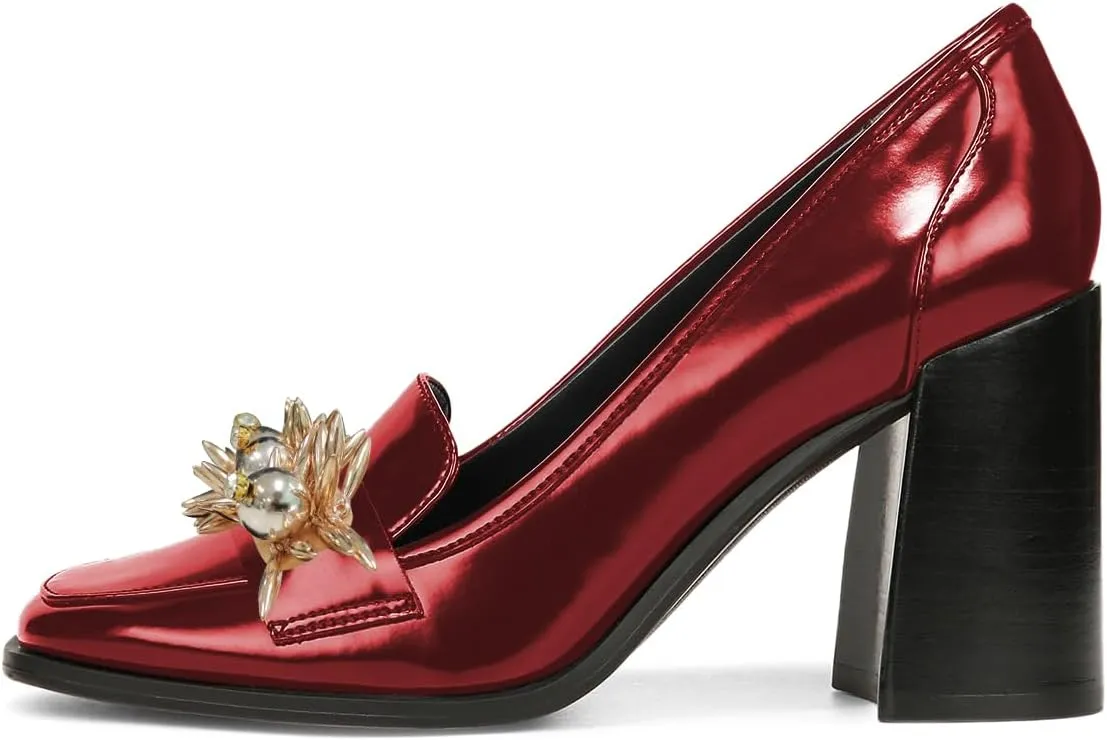 YDN Women Pearl Loafers Chunky High Heels Square Toe Studded Pumps Metal Oxfords Slip On Shoes Prom Party Working Size 4-16 US