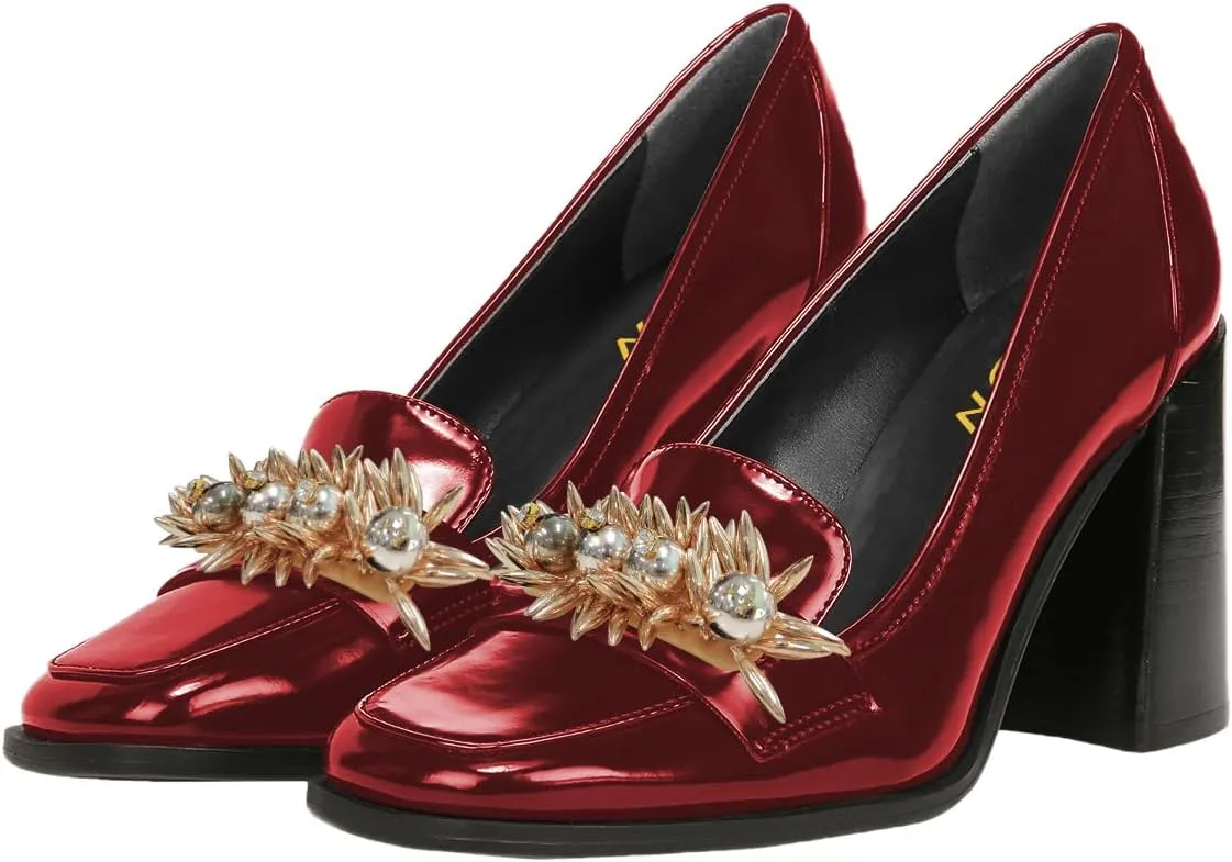 YDN Women Pearl Loafers Chunky High Heels Square Toe Studded Pumps Metal Oxfords Slip On Shoes Prom Party Working Size 4-16 US