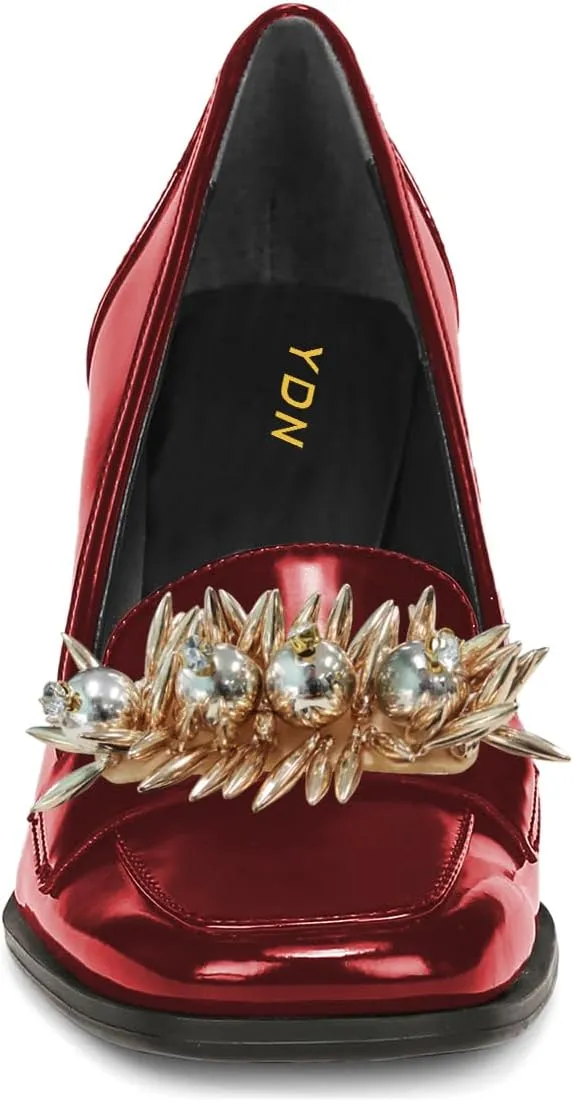 YDN Women Pearl Loafers Chunky High Heels Square Toe Studded Pumps Metal Oxfords Slip On Shoes Prom Party Working Size 4-16 US