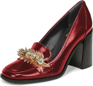 YDN Women Pearl Loafers Chunky High Heels Square Toe Studded Pumps Metal Oxfords Slip On Shoes Prom Party Working Size 4-16 US
