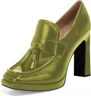 YDN Women Tassel Square Toe Penny Loafers Platform Chunky High Heel Pumps Slip on Work Office Outift Shoes Size 4-15 US
