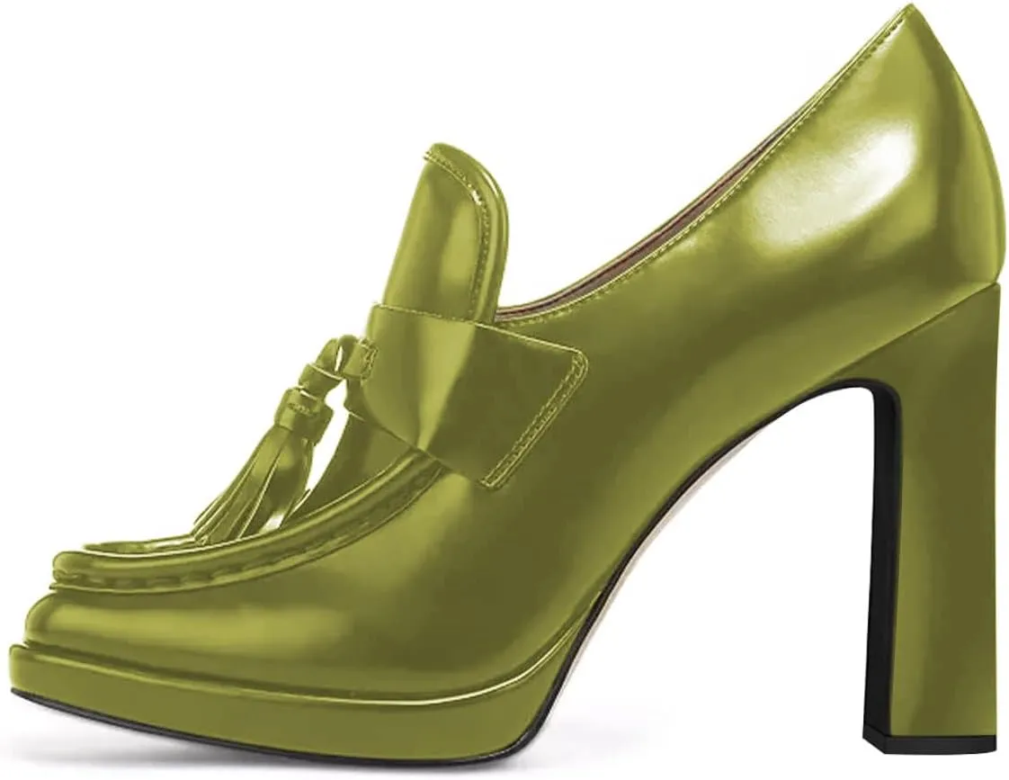 YDN Women Tassel Square Toe Penny Loafers Platform Chunky High Heel Pumps Slip on Work Office Outift Shoes Size 4-15 US