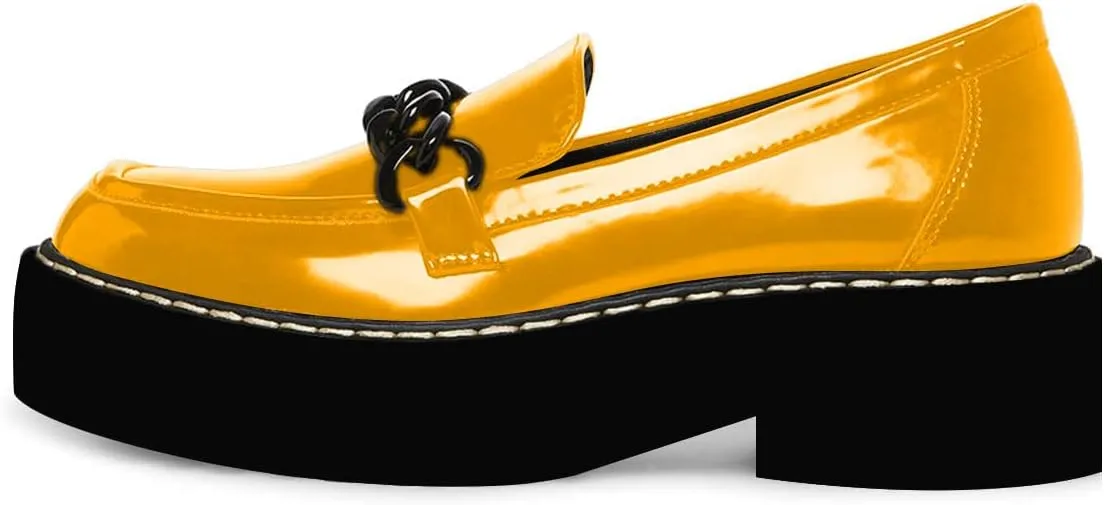 YDN Women Thick Platform Penny Loafers Round Toe Chunky Low Heel Pumps Chain Slip on Outdoor Walking Shoes Size 4-15 US