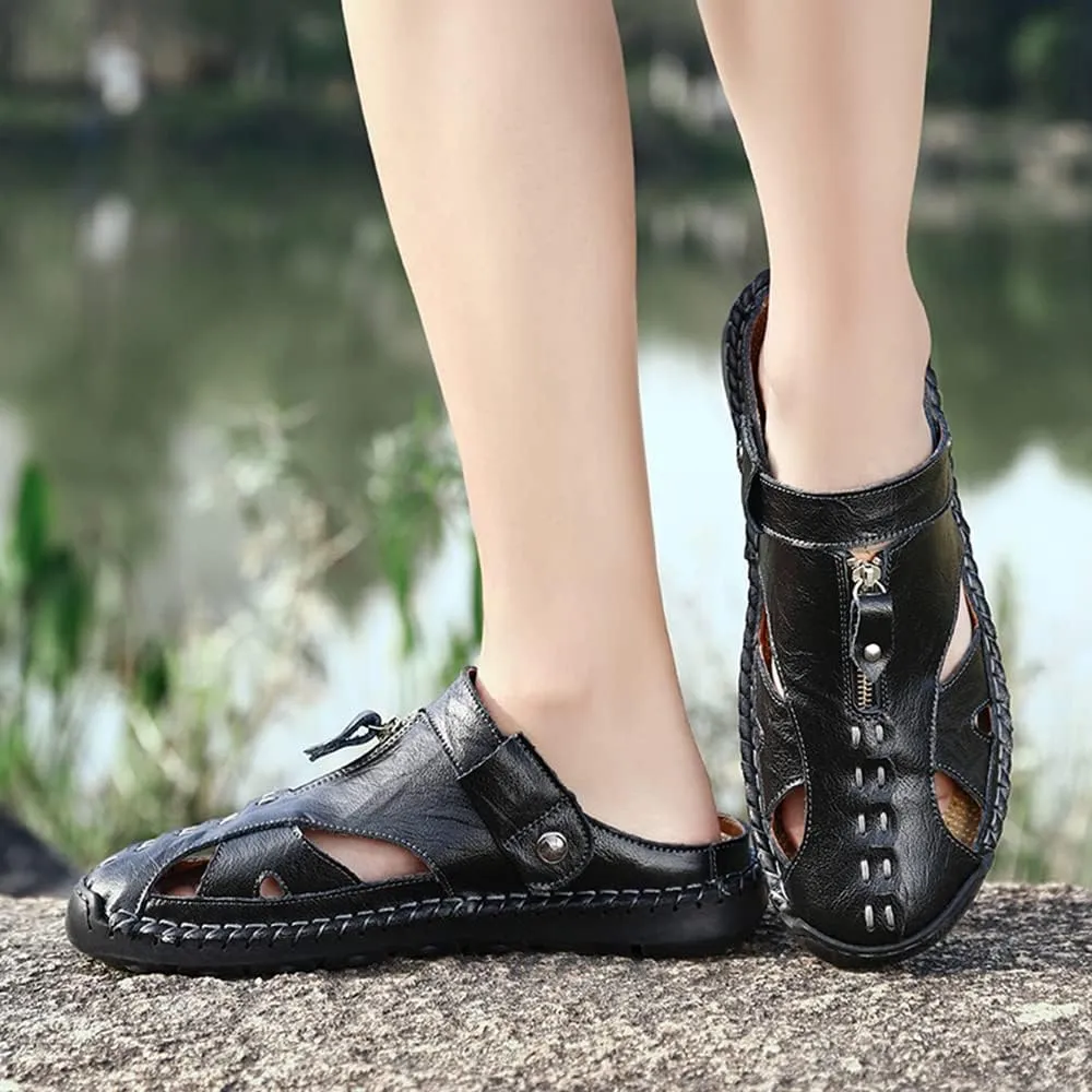 YING LAN Men's Casual Leather Fashion Sandals Closed Toe Outdoor Fisherman Hiking Shoes Lightweight Summer Water Shoes