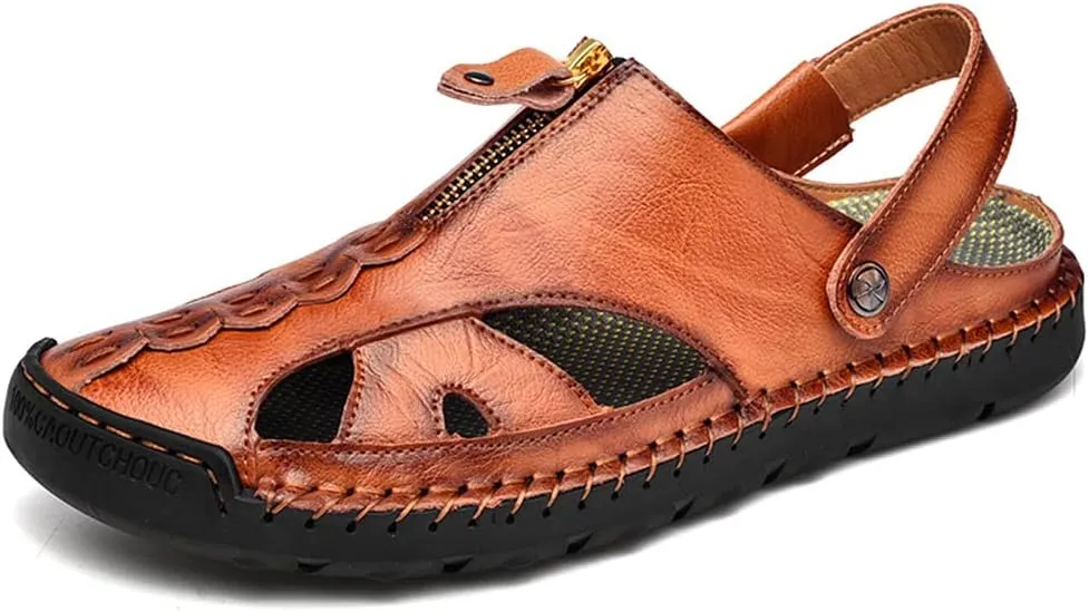 YING LAN Men's Casual Leather Fashion Sandals Closed Toe Outdoor Fisherman Hiking Shoes Lightweight Summer Water Shoes