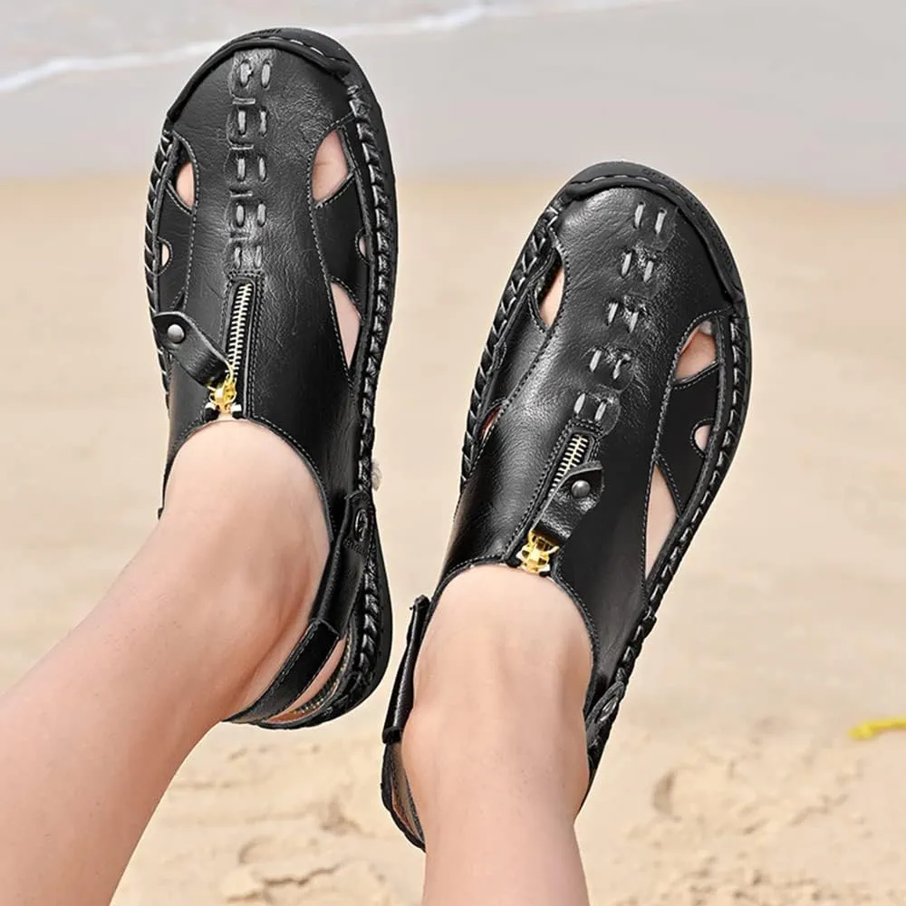 YING LAN Men's Casual Leather Fashion Sandals Closed Toe Outdoor Fisherman Hiking Shoes Lightweight Summer Water Shoes