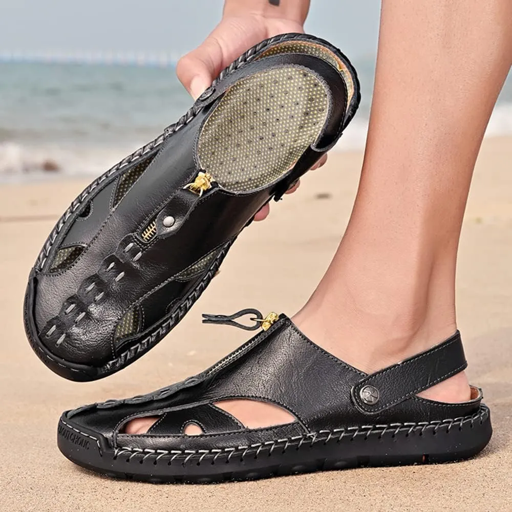 YING LAN Men's Casual Leather Fashion Sandals Closed Toe Outdoor Fisherman Hiking Shoes Lightweight Summer Water Shoes