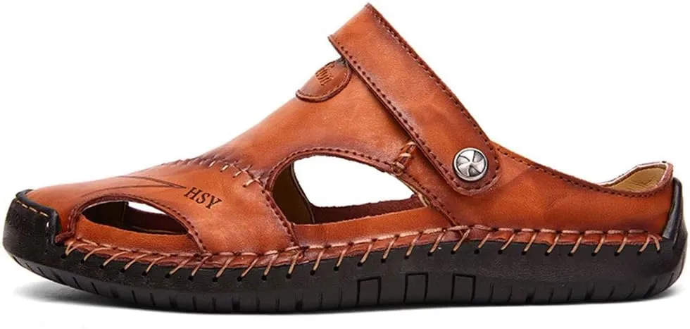 YING LAN Men's Casual Leather Fashion Sandals Closed Toe Outdoor Fisherman Hiking Shoes Lightweight Summer Water Shoes
