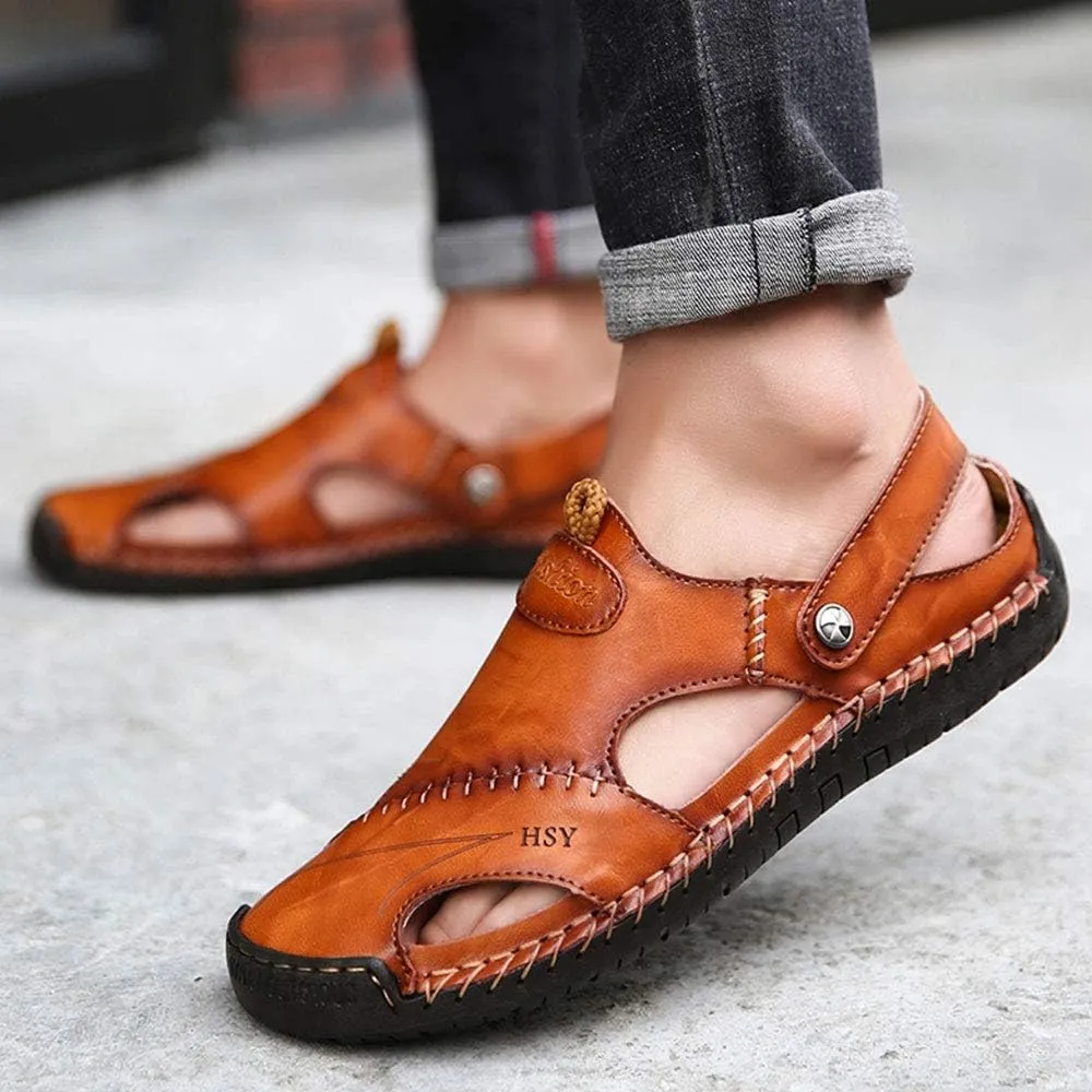 YING LAN Men's Casual Leather Fashion Sandals Closed Toe Outdoor Fisherman Hiking Shoes Lightweight Summer Water Shoes
