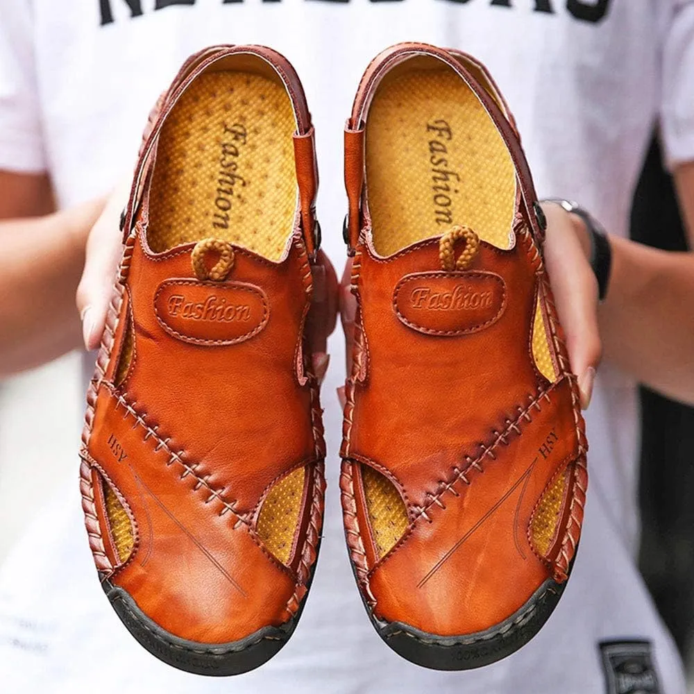 YING LAN Men's Casual Leather Fashion Sandals Closed Toe Outdoor Fisherman Hiking Shoes Lightweight Summer Water Shoes