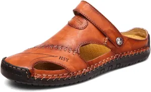 YING LAN Men's Casual Leather Fashion Sandals Closed Toe Outdoor Fisherman Hiking Shoes Lightweight Summer Water Shoes