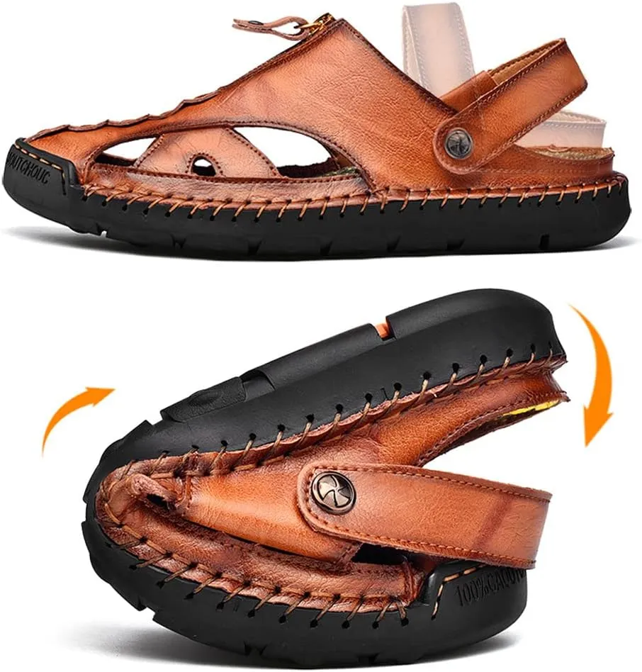 YING LAN Men's Casual Leather Fashion Sandals Closed Toe Outdoor Fisherman Hiking Shoes Lightweight Summer Water Shoes