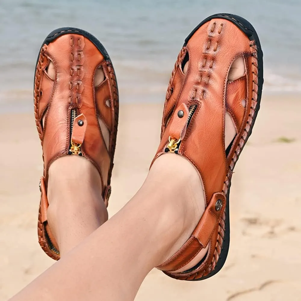YING LAN Men's Casual Leather Fashion Sandals Closed Toe Outdoor Fisherman Hiking Shoes Lightweight Summer Water Shoes