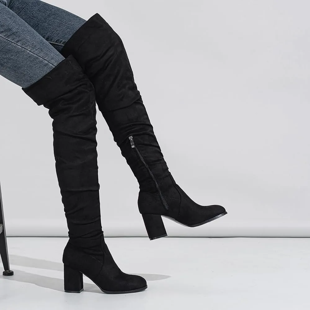 YING LAN Over The Knee High Boots For Women Pull On Side Zipper Chunky Block Heel Thigh High Boots