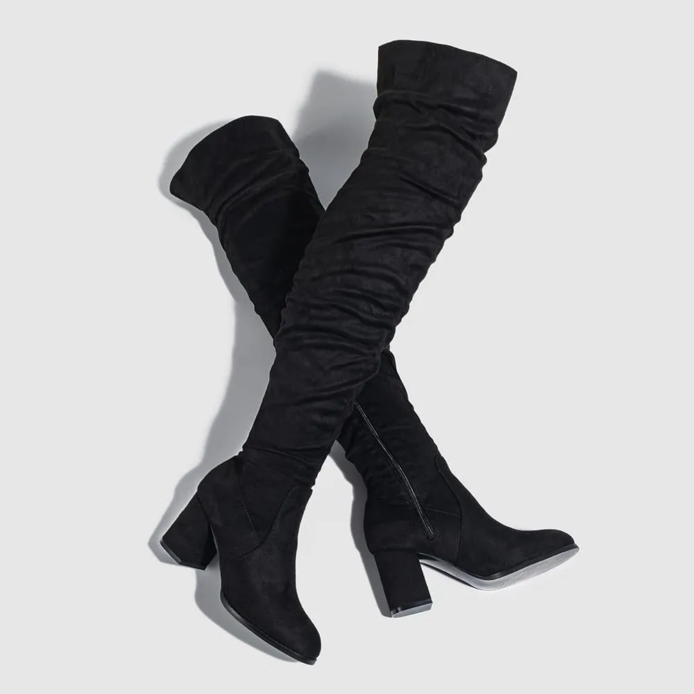 YING LAN Over The Knee High Boots For Women Pull On Side Zipper Chunky Block Heel Thigh High Boots