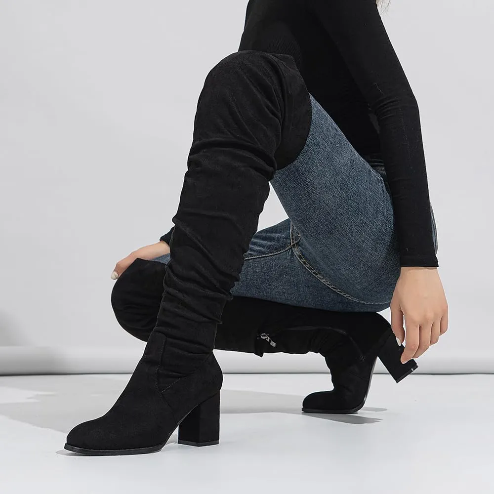 YING LAN Over The Knee High Boots For Women Pull On Side Zipper Chunky Block Heel Thigh High Boots
