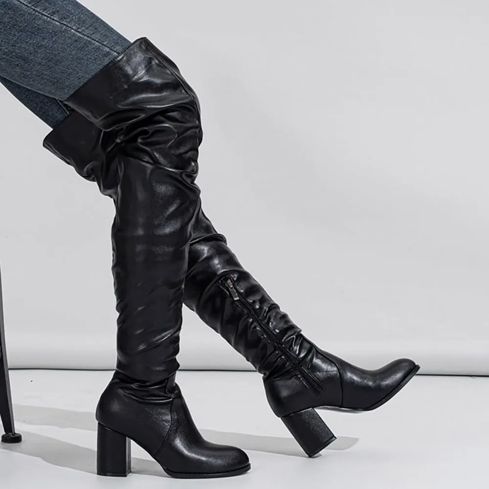 YING LAN Over The Knee High Boots For Women Pull On Side Zipper Chunky Block Heel Thigh High Boots