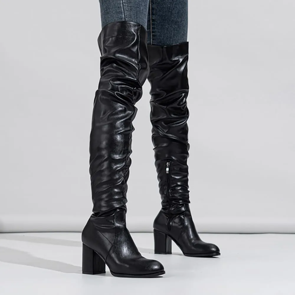 YING LAN Over The Knee High Boots For Women Pull On Side Zipper Chunky Block Heel Thigh High Boots