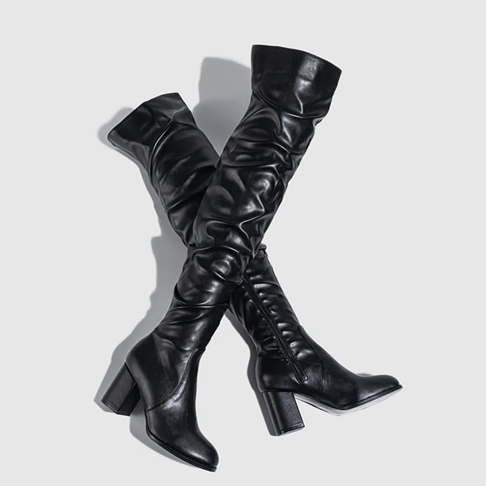 YING LAN Over The Knee High Boots For Women Pull On Side Zipper Chunky Block Heel Thigh High Boots