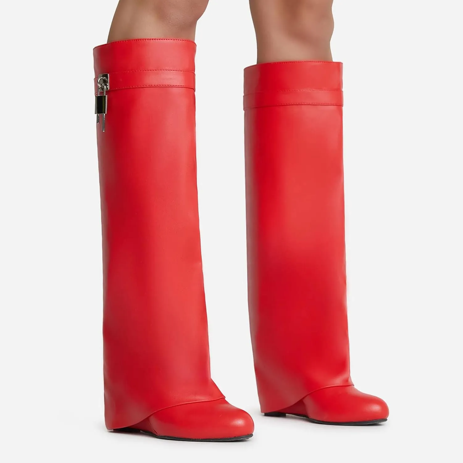 Yishaweiqi Fold Over Boots Wide-calf Wedge Heel Knee High Boot With Decorative Lock