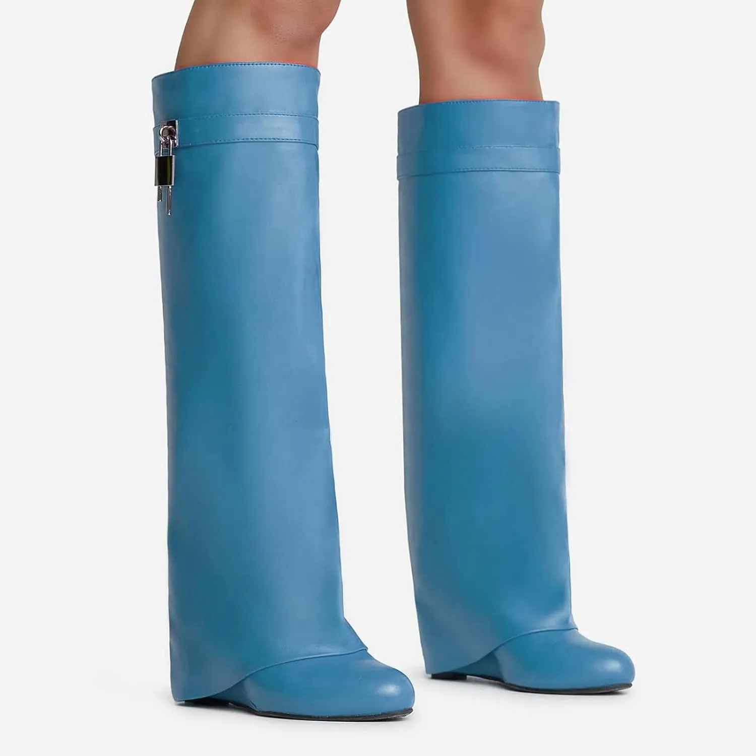 Yishaweiqi Fold Over Boots Wide-calf Wedge Heel Knee High Boot With Decorative Lock