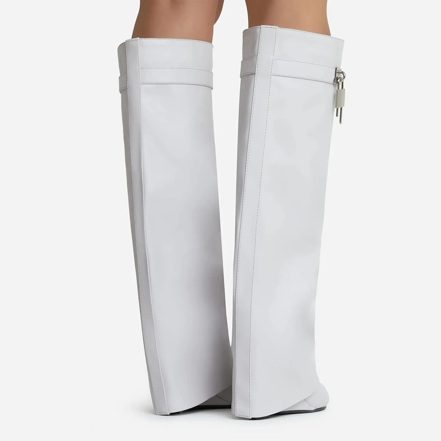 Yishaweiqi Fold Over Boots Wide-calf Wedge Heel Knee High Boot With Decorative Lock