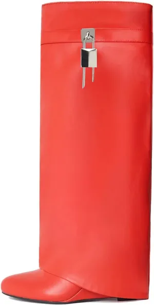 Yishaweiqi Fold Over Boots Wide-calf Wedge Heel Knee High Boot With Decorative Lock