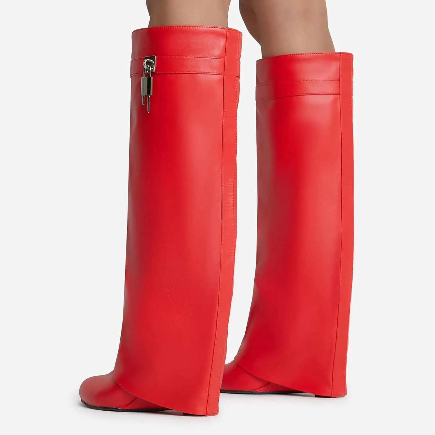 Yishaweiqi Fold Over Boots Wide-calf Wedge Heel Knee High Boot With Decorative Lock