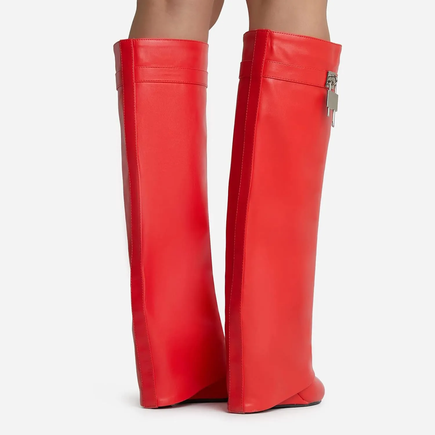 Yishaweiqi Fold Over Boots Wide-calf Wedge Heel Knee High Boot With Decorative Lock