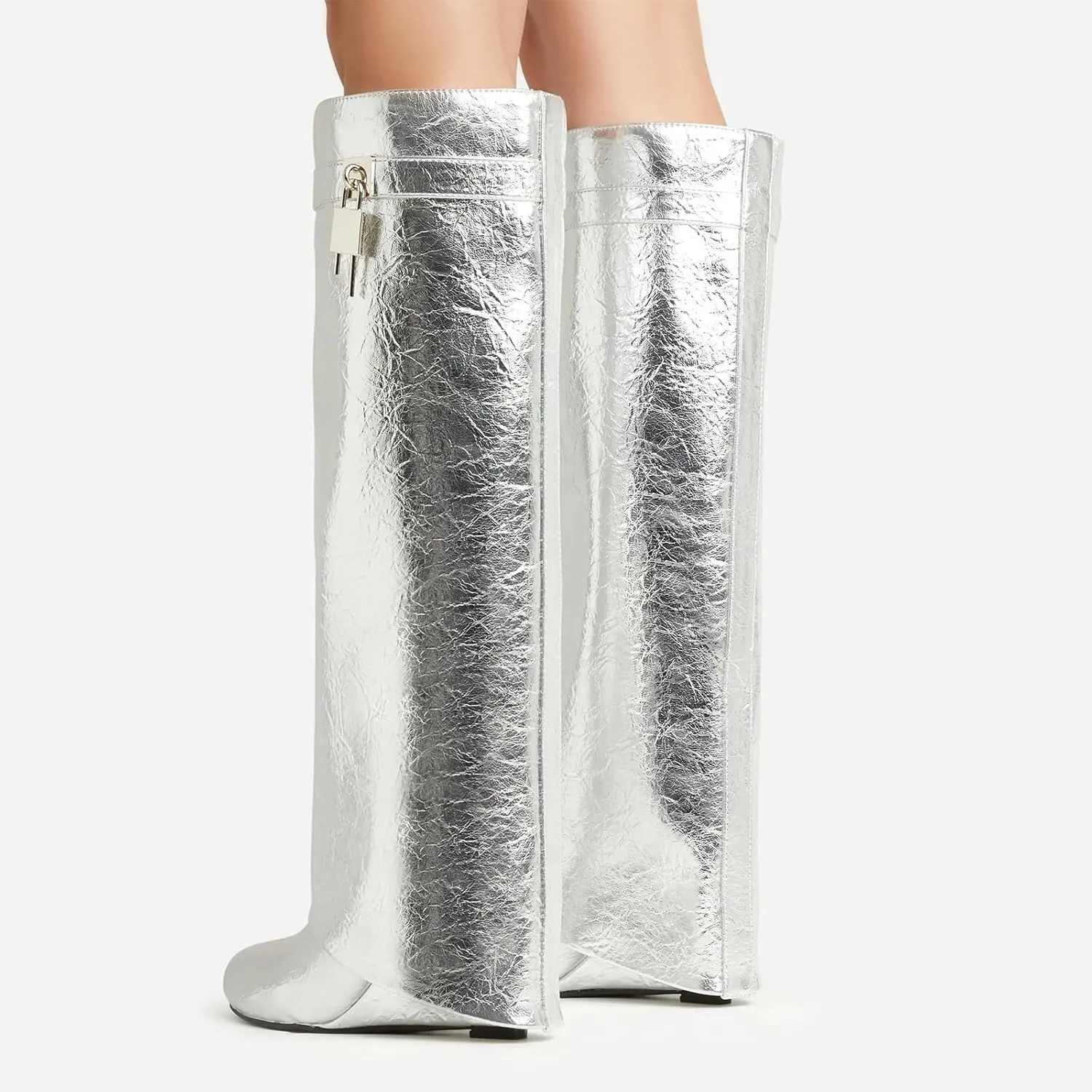 Yishaweiqi Fold Over Boots Wide-calf Wedge Heel Knee High Boot With Decorative Lock