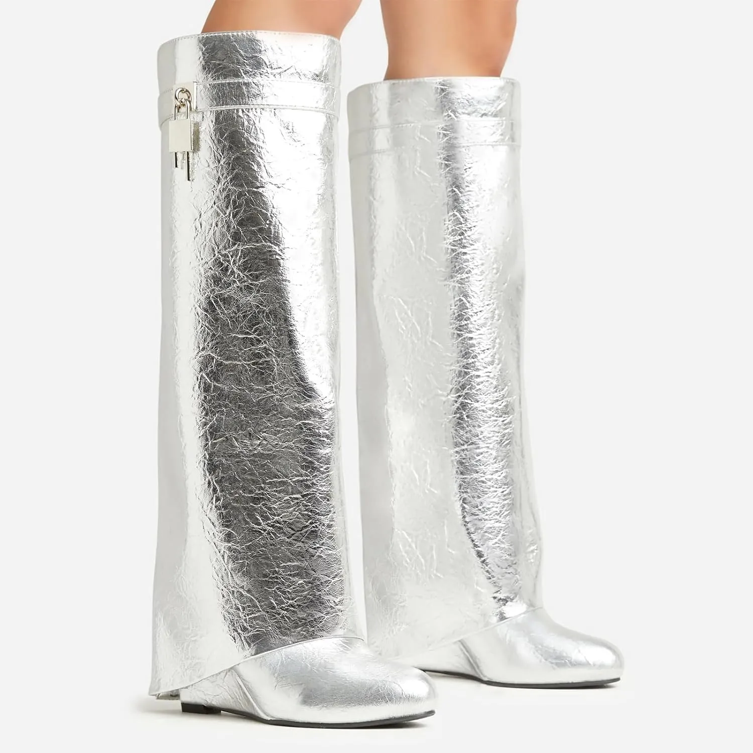 Yishaweiqi Fold Over Boots Wide-calf Wedge Heel Knee High Boot With Decorative Lock